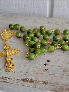 Green Bead Rosary Necklace with Gold Cross